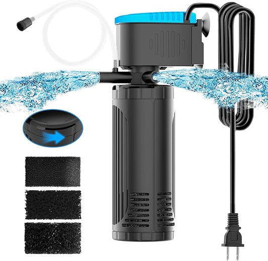 AquaMiracle Submersible Aquarium Filter 3-Stage in-Tank Filter with Dual Water Outlet & Aeration, Water Flow Adjustable 300GPH Internal Fish Tank Filter for 60-150 Gallon Aquariums