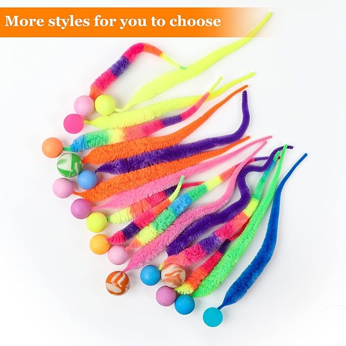 Bouncy Ball with Tail Cat Toys,5 Packs Magic Worm with Ball Toy for Cats,Fuzzy Worm Bouncy Balls Cat Toy