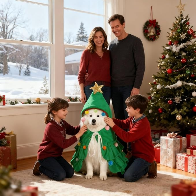 Vellibring Dog Christmas Outfit Green Pet Cloak with Hat with Star and Pompoms Puppy Cape Clothes Xmas Tree Elf Costumes Party Pet Supplies Accessories for Dogs Big Cats Santa Presents