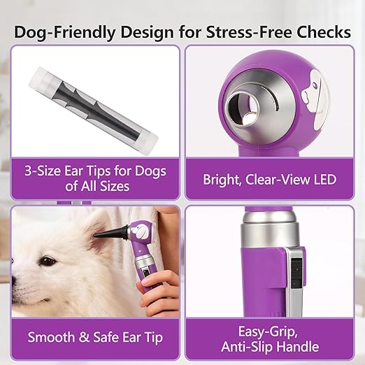 Pocket Veterinary LED Otoscope - Pet Ear Scope with Light for Dogs & Cats, 6 Disposable Tips (4/6/9mm), Portable Ear Infection Detector (Purple)