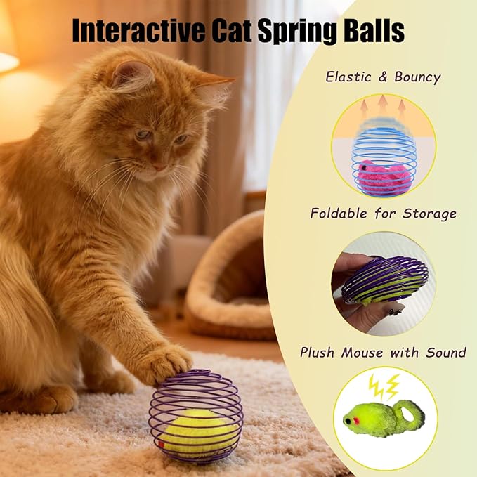 5 Pack Cat Spring Cage Balls with Plush Mouse - Interactive Wire Rattle Toy for Indoor Cats & Kittens - Durable Metal Rolling Mouse Toys for Bored Cats Exercise (Random Colors)