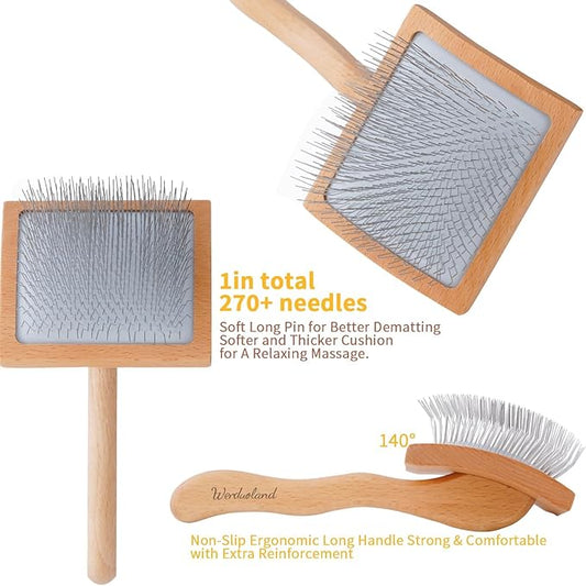 Ergonomic Slicker Brush for Long-Haired Dogs - Wooden Handle, Long Pins for Grooming Goldendoodles
