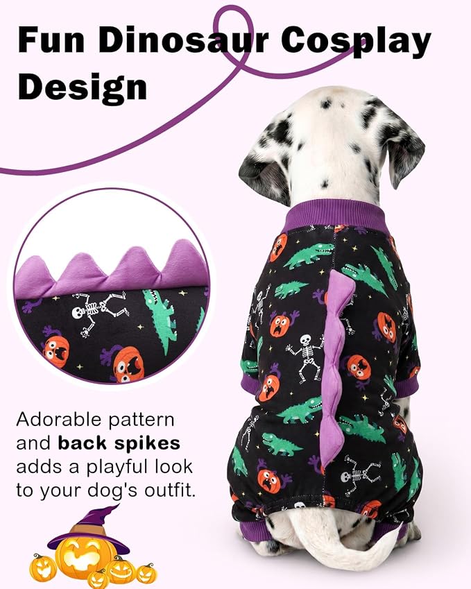CuteBone Dinosaur Costume Halloween Dog Pajamas, Stretchy Spandex Crystal Velvet Sleepwear Coat for Small Dogs, Soft & Warm Pet Outfit Clothes for Cold Weather, Cozy Pullover Design COSP25S
