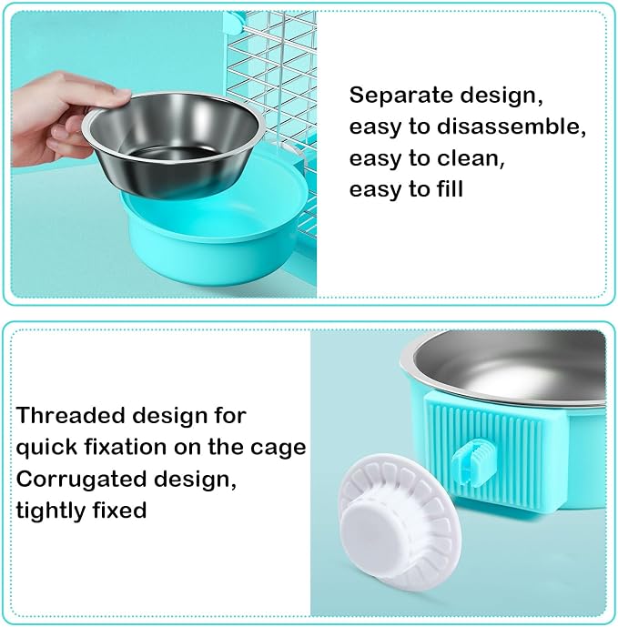 2 Pcs Crate Dog Bowl, Removable Stainless Steel Hanging Pet Food Water Feeder Pet Kennel Cage Bowl for Puppy Cat Rabbit Ferret Guinea Pig (Pink&Green)
