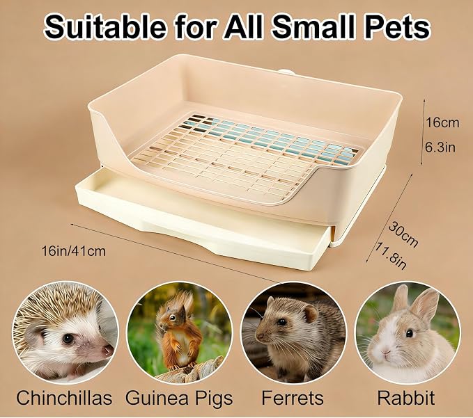 Large Rabbit Litter Box,Corner Potty Trainer with Drawer for Small Animals, Easy Clean Bedding Toilet for Adult Bunny, Guinea Pig, Ferret, Hamster (Brown)