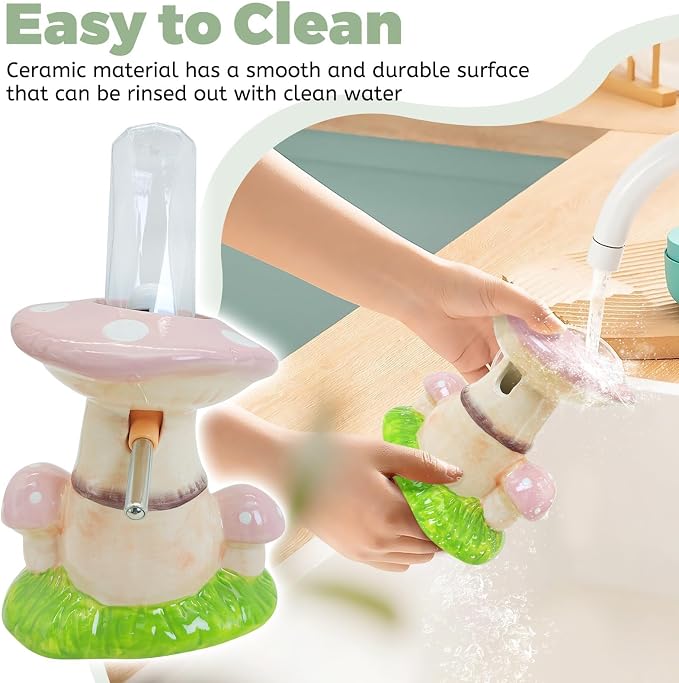 PINVNBY Hamster Water Bottle No Drip Ceramic Automatic Gerbil Water Bottle 80ML Water Dispenser with Mushroom Stand Holder for Gerbils Syrian Hamsters Dwarf Hamsters Mice (Pink)