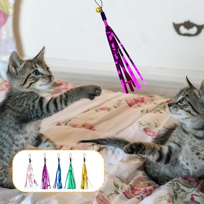 Andiker 7Pcs Cat Wand Toy, Cat Toy Set with 1 Long Steel Wand, 1 Double Headed Hook & 5 Crinkle Teaser Refills Stimulate Hunting Instincts Interactive Cat Toys for Indoor Cats and Kittens (Thick)