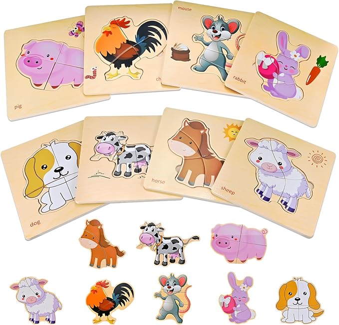 8pcs Wooden Puzzles for Toddlers 1-2-3-4, Farm Toddler Puzzles Ages 1-2-3-4, Montessori Educational Jigsaw Toys Preschool Puzzle Christmas Birthday Gift for Kids Girl Boy 1-4 Year Old