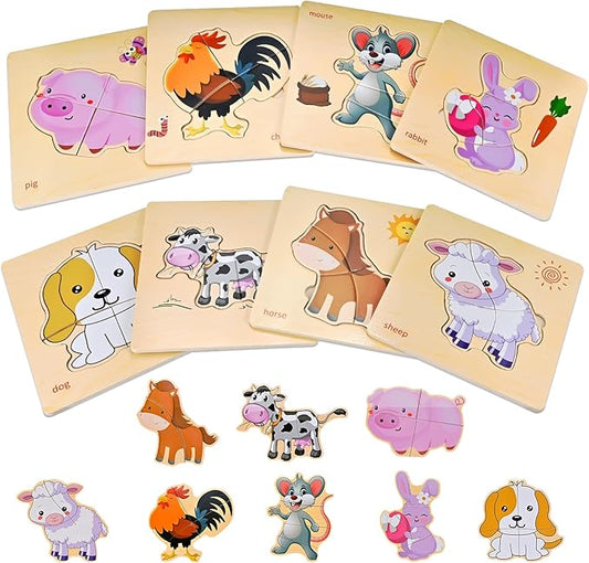 8pcs Wooden Puzzles for Toddlers 1-2-3-4, Farm Toddler Puzzles Ages 1-2-3-4, Montessori Educational Jigsaw Toys Preschool Puzzle Christmas Birthday Gift for Kids Girl Boy 1-4 Year Old