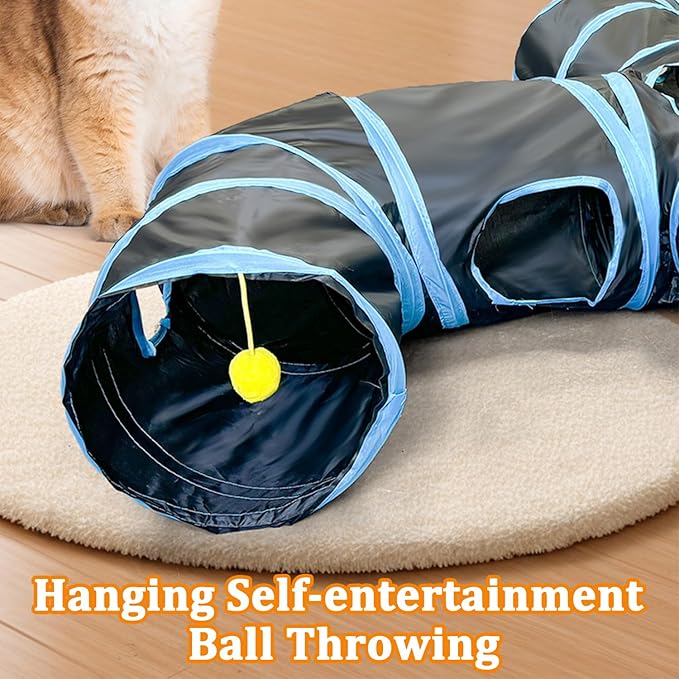 4-Way Large Cat Tunnel, H Shape Cat Tube Toy with Interactive Playing Balls, Peek Hole for Indoor Cats, Kitten, Kitty, Puppy, Rabbit (Black)