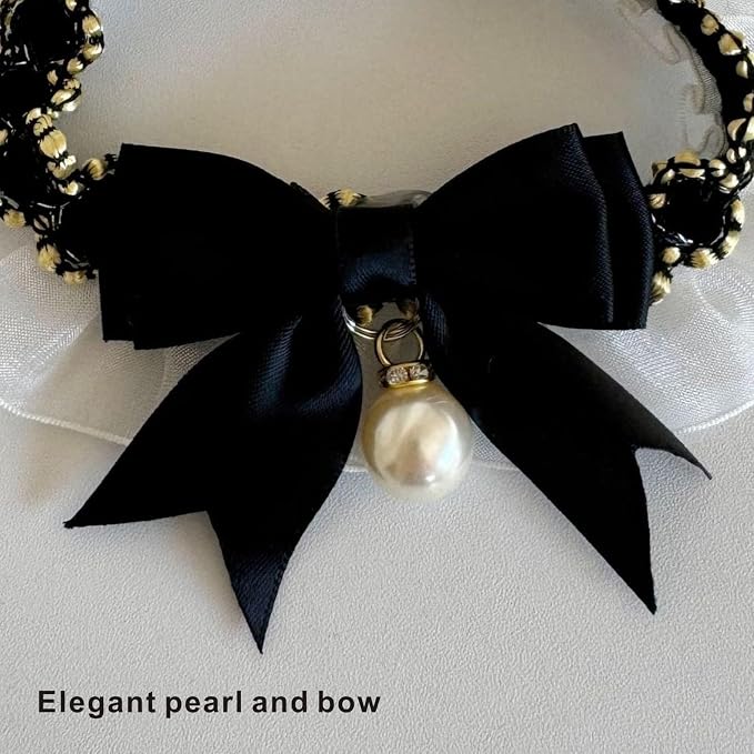 Elegant Lace Cat Collar with Cute Bow,Kitty Necklace with Bow Tie and Pearl,Pet Lace Bib Collar with Cute Bow,Cat Princess Costumes,Black,1 Piece