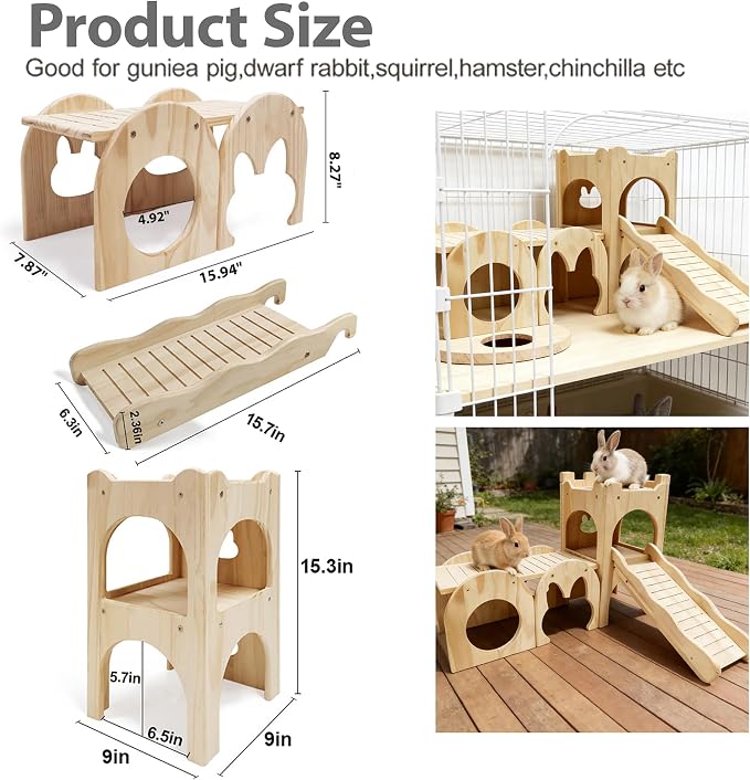Rabbit Castle Large Guinea Pig Hideout Thicken Solid Wooden Bunny House with Ramp,Rabbit Playhouse for Chinchilla,Hamster,Small Animal Houses & Habitats(Set of 3)