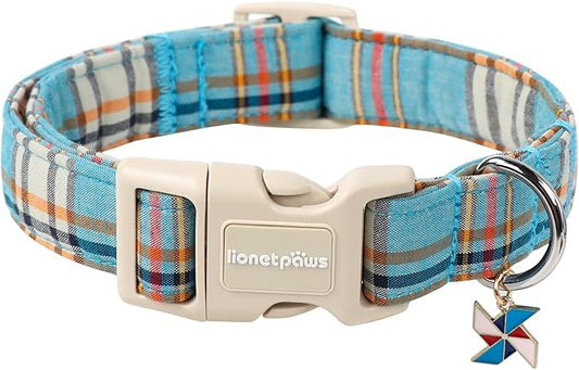 Lionet Paws Boy Dog Collar- Cute Blue Plaid Dog Collars with Plastic Buckle, Light Adjustable Dog Collars for Small Dogs