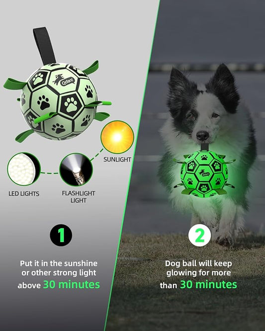 QDAN Dog Ball, Glow in The Dark Dog Toys, Light Up Soccer Ball for Dogs, Outdoor Dog Toys, Doggy Water Toy, Puppy Birthday Gifts for Medium Large (8 Inch)