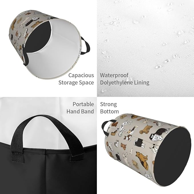 Cute Dogs Print Round Laundry Hamper Storage Basket Toys Clothes Organizer Bin For Home Bathroom Bedroom Dorm Nursery, 62l