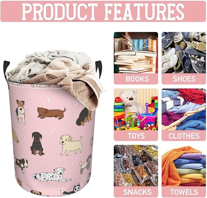 Cute Dog Pink Round Laundry Hamper Storage Basket Toys Clothes Organizer Bin For Home Bathroom Bedroom Dorm Nursery, 62l