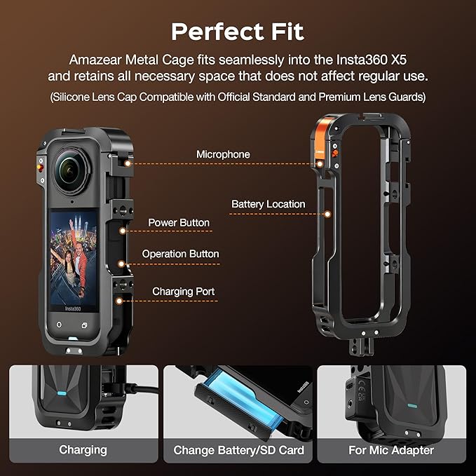 AMAZEAR Metal Protective Case for Insta360 X5 Accessories, Insta 360 X5 Multifunction Utility Frame Aluminum Cage with Quick-Release Base Plate, Various Expansion Mounts