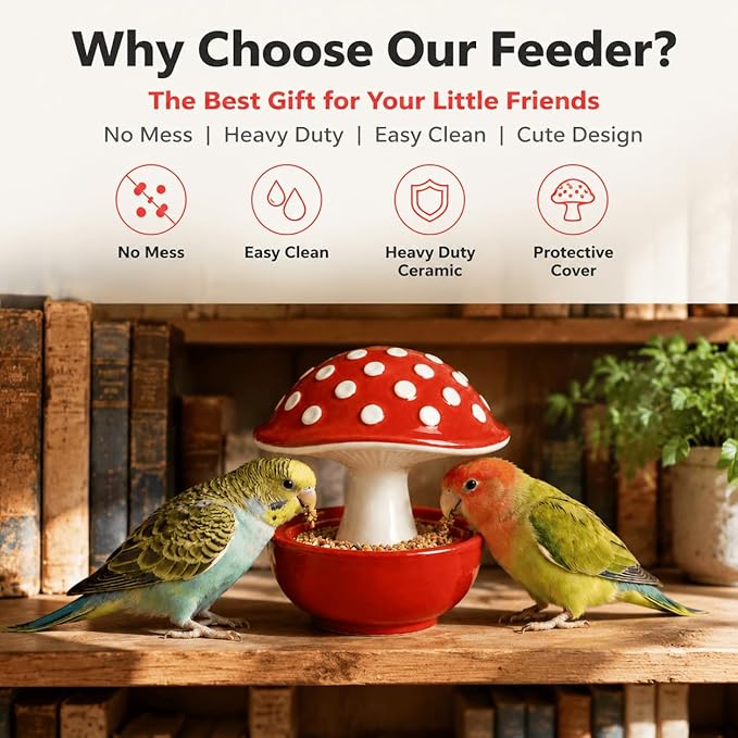 Ceramic Mushroom Bird Feeder No Mess, Spill Proof Bird Food and Water Bowl for Cage, Covered Dispenser for Parakeet, Budgie, Cockatiel, Lovebird, Hamster Accessories, 4.3" Tall