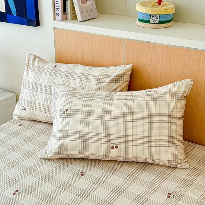 BlueBlue Cherry Duvet Cover Set Twin 100% Cotton Bedding for Kids Boys Girls Teens Red Cherry Grid Stripe on Cream White 1 Cartoon Fruit Comforter Cover 2 Pillowcases (Twin)