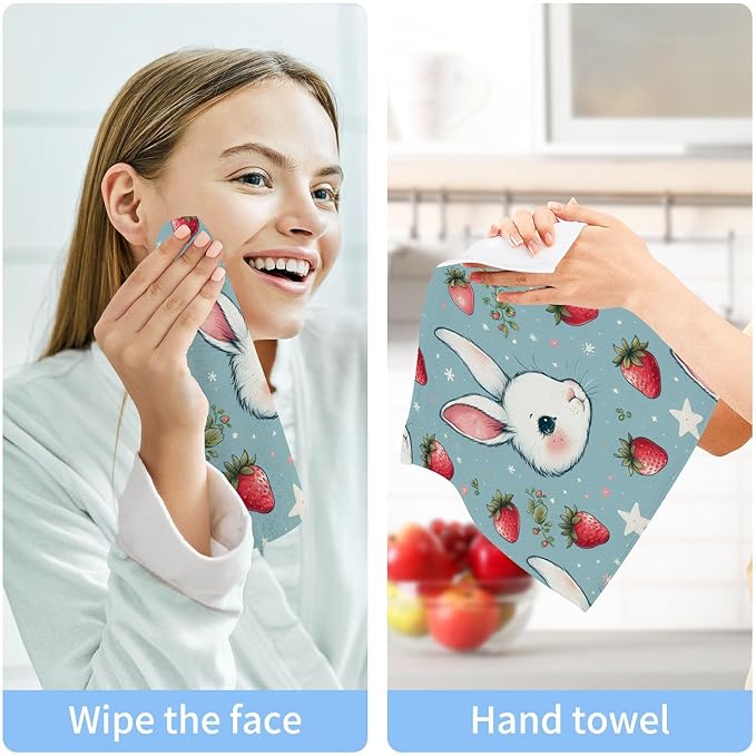 Qilmy Rabbit with Strawberry Washcloths 2 Pack, 12x12 Inch Cotton Wash Cloths - Highly Absorbent Face Towels for Bathroom, Washing, Gym, and Spa