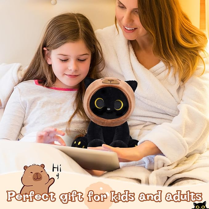 Capybara Plush Stuffed Cat, 8inch Black Cat Plush Wear Capybara Hood, Cute Kitten Plushies Kawaii Huggable Gift for Kids, Boys, Girls, Birthday