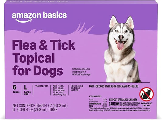 Amazon Basics Flea and Tick Topical Treatment and Prevention for Large Dogs (45-88 lbs), Fast Acting and Long Lasting, Tick Prevention, 6 Count, Packaging May Vary