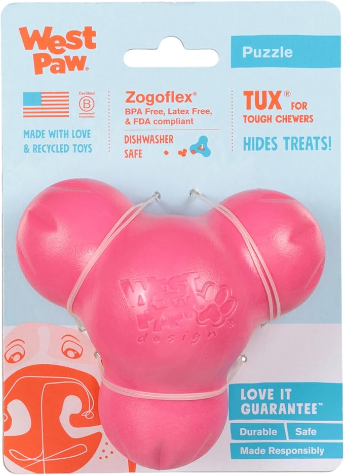 WEST PAW Zogoflex Tux Treat Dispensing Dog Chew Toy – Interactive Chewing Toy for Dogs – Dog Games for Aggressive Chewers, Fetch, Catch – Holds Kibble, Treats, Small 4", Geranium