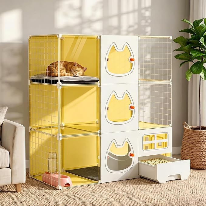 Cat Cage with Litter Box & Clear Door,Indoor Cat Cage Playpen,DIY Cat Enclosures,Multi-Level Detachable Metal,Ferret Cage 42" x 18" x 42"