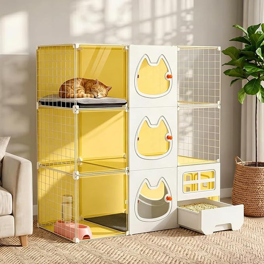 Cat Cage with Litter Box & Clear Door,Indoor Cat Cage Playpen,DIY Cat Enclosures,Multi-Level Detachable Metal,Ferret Cage 42" x 18" x 42"