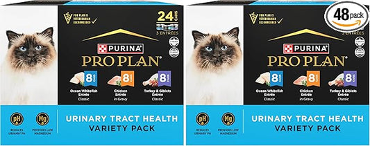 Purina Pro Plan Urinary Cat Food Wet Variety Pack Urinary Tract Health Ocean Whitefish,Chicken,Turkey and Giblets - 3 oz. Cans,(Pack of 48)