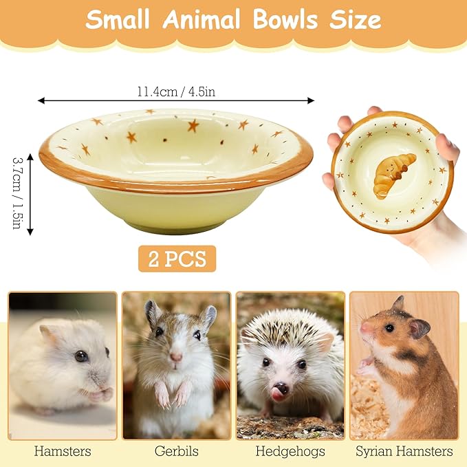kathson Hamster Ceramic Food Bowl Small Animal Bowls with Croissant Pattern for Cage Guinea Pig Anti-Turning Food and Water Dish Pet Feeder for Gerbil Hedgehog 2PCS