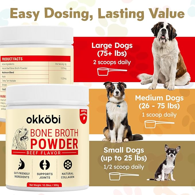 Beef Bone Broth for Dogs - All-Natural Food Topper for Picky Eaters - Powder Supplement for Joint Health, Digestion & Hydration, 10.5oz