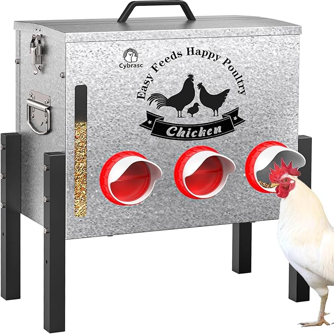 7gal 35LB Large Automatic Chicken Feeder with Window - 6 Port No Waste Design, Rust-Proof Alloy Steel with Locking Lid & Adjustable Legs, Rodent Proof, Waterproof Silo for Hens, Ducks, Geese, Poultry