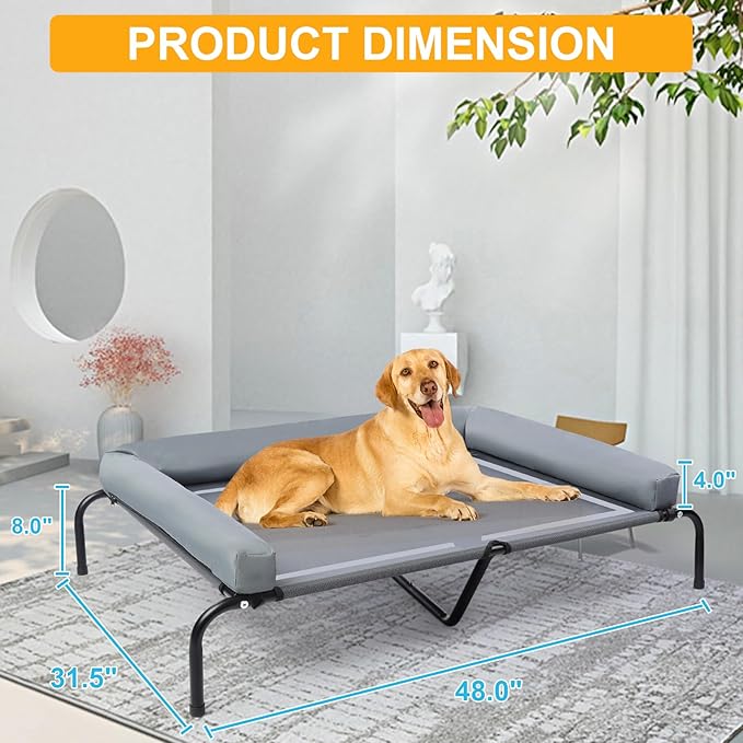 48'' Cooling Elevated Dog Bed with Pillow,Outdoor Indoor Raised Dogs Bed with Six Support Feet,Breathable Dog Cot Beds Teslin Medium Large Size Dogs,Dog Hammock Bed,Outside Pet Bed with 4 Ice Pack(L)