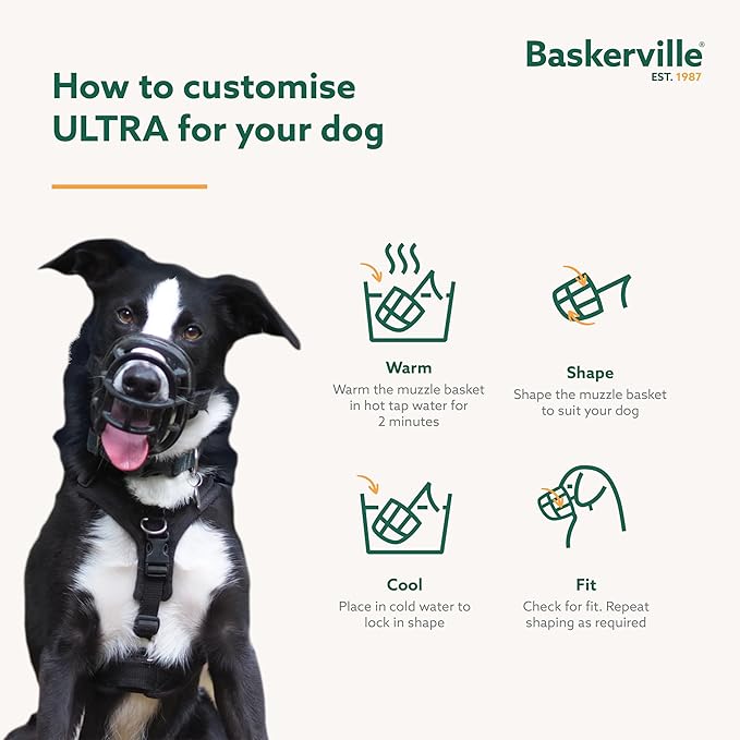 Baskerville ULTRA Muzzle - Patented Humane Design, Breathable, Dog can Pant and Drink, Adjustable, Padded, Dog Training Muzzle for Large Dogs, Prevents Biting, Wildlife Scavenging (Size 5, Black)