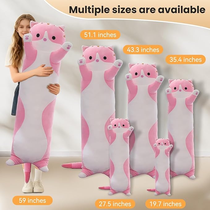 Cute Cat Plush Long Body Pillow – Soft Cartoon Stuffed Animal Doll, Kawaii Cat Plushie Cuddle Toy for Kids, Girls & Girlfriend (Pink, 59 Inch)