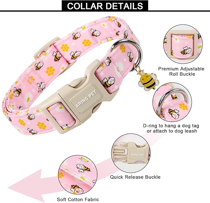 ARING PET Spring Summer Dog Collar, Cute Pink Bee Daisy Floral Pet Collars with Quick Release Buckle for Puppy Small Medium Large Boy Girl Dogs-S