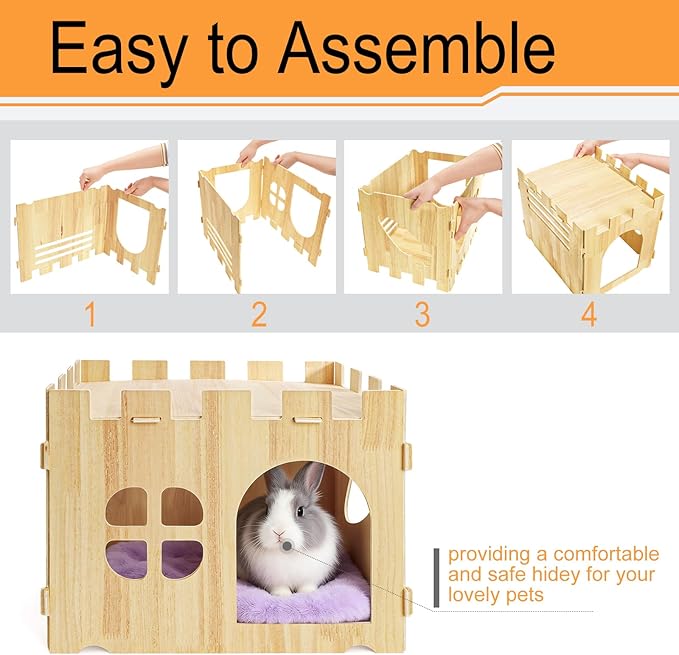WUWEOT Large Wooden Rabbit House, 15.3''x11.3''x11.8'' Wood Bunny Hideout Castle, Small Animal Play Hideaway Hut and Playhouse for Indoor Adult Bunnies Guinea Pig Hamster Chinchilla Gerbil