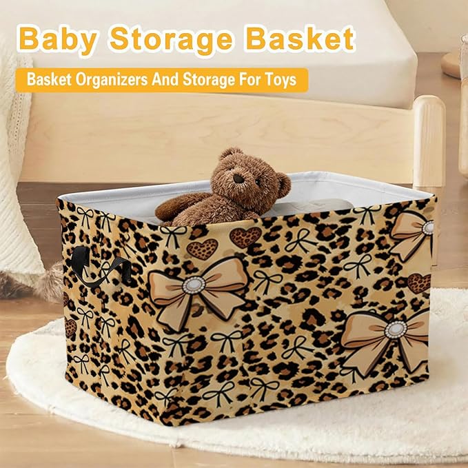 56L Leopard Print Bows Laundry Basket Clothes Hamper with Handles,Foldable Blanket Storage Large Laundry Hamper with Waterproof PE,Toy Storage Bin Organizer,Cube Clothes Organizer,Home Decor