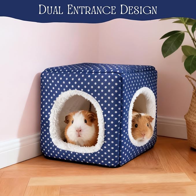 Guinea Pig Hideout with 2 Removable Mat, Two Entrances, Dwarf Rabbit Bed, Washable Bunny House, Small Pet Accessories Blue Dot