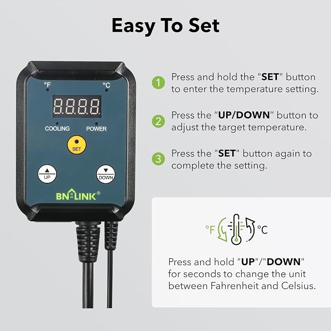 BN-LINK Digital Cooling Thermostat Controller, Temperature Controlled Outlet for Attic Fan, Exhaust Fan, Cooling Devices 40-108°F, 8.3A 1000W, ETL Listed