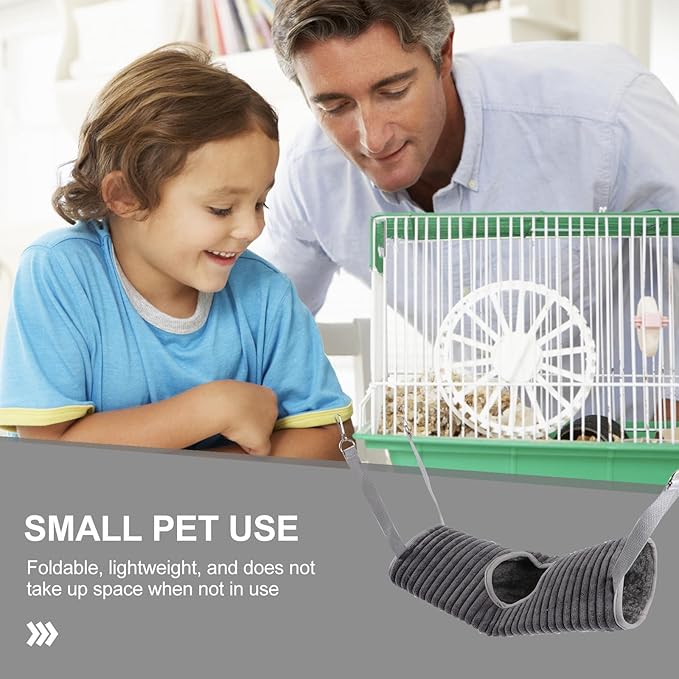 Small Pet Tunnel Hammock with Plush Warm Tube Nest, Grey Hanging Ferret Hideout and Hamster Sleeping Cage Accessory for Winter Use
