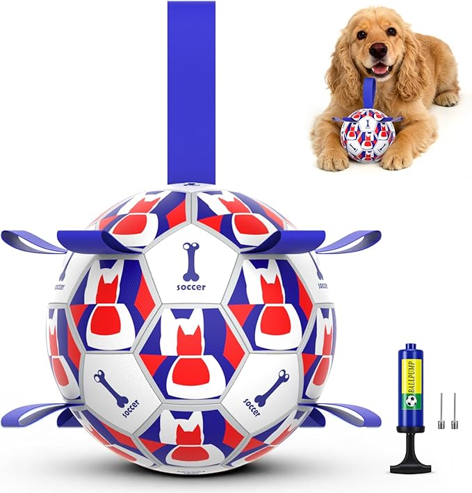 Dog Toy Balls, Dog Soccer Ball with Straps, Interactive World Cup Soccer Ball for Medium Dogs, Water Fetch Toys, Tug-of-War, Herding Ball Toys Outdoor, Dog Birthday Toy, Blue (6 Inch)