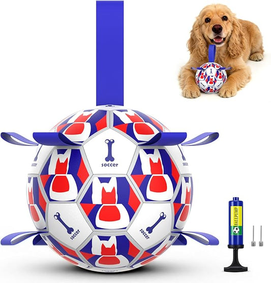 Dog Toy Balls, Dog Soccer Ball with Straps, Interactive World Cup Soccer Ball for Medium Dogs, Water Fetch Toys, Tug-of-War, Herding Ball Toys Outdoor, Dog Birthday Toy, Blue (6 Inch)