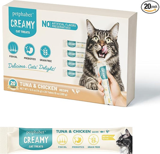 PETPHABET Lickable Cat Treats Squeeze, Creamy Puree Squeezable Wet Kitten Treats, Tuna & Chicken Recipe 20 Tubes, Paste Snacks for Skin & Coat Health, Digestive Care, High Protein, Grain Free