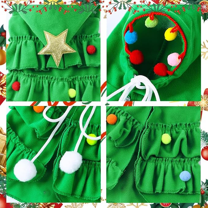 Vellibring Dog Christmas Outfit Green Pet Cloak with Hat with Star and Pompoms Puppy Cape Clothes Xmas Tree Elf Costumes Party Pet Supplies Accessories for Dogs Big Cats Santa Presents