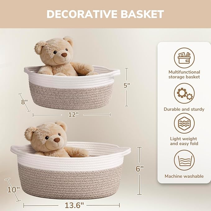 CHICVITA Gift Basket Empty to Fill, Woven Baskets for Storage, Rope Decorative Baskets with Gift Bags & Ribbon for baby girl, Dog Toy Storage, 13.6"x 10" x 6", Brown