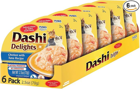 INABA Dashi Delights for Cats, Shredded Chicken Side Dish with Bonito Flake Broth, Cat Food Complement with Taurine & Green Tea Extract, 2.5 Ounce Cup, 6 Cups Total, Chicken with Tuna Recipe