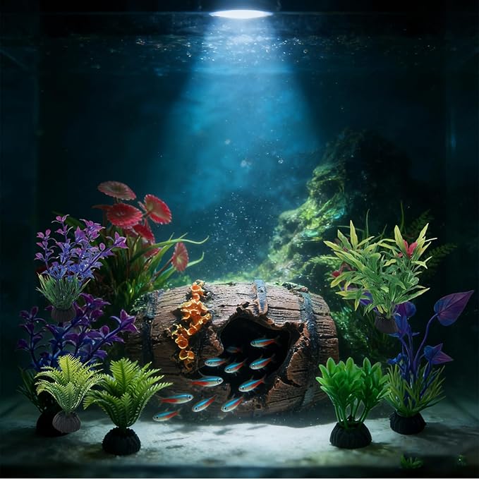 9 Pcs Aquarium Artificial Plastic Glass Plants and Rock Cave Decor Set, Goldfish Betta Fish Tanks Decoration Accessories Green Plants, Simulation Water Plant Corals Ornaments