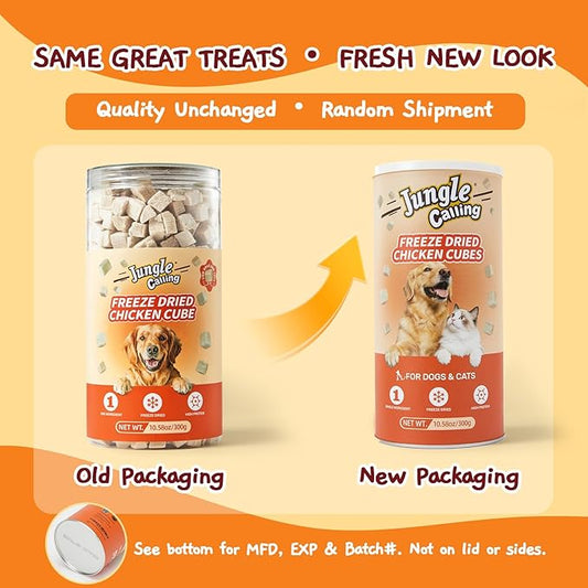 Jungle Calling Freeze Dried Chicken Cat & Dog Treats, Single Ingredient Chicken Bites for Cats & Dogs, High Protein Pet Training Treats, Edible Organic Food Topper, 10.58 oz